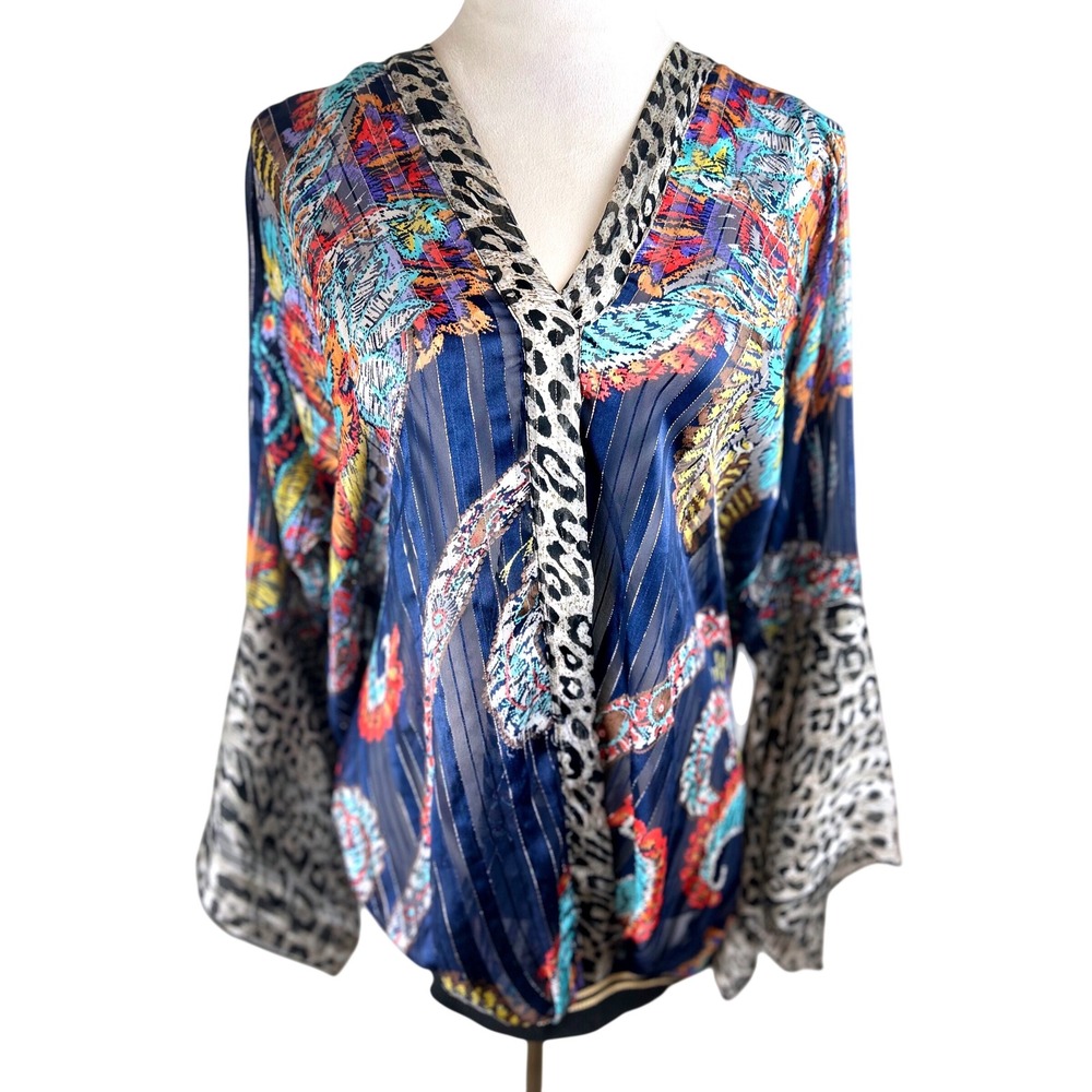 Kaktus Blouse Blue Multi Mixed Print Metallic Bell Boho Sleeve Women Large